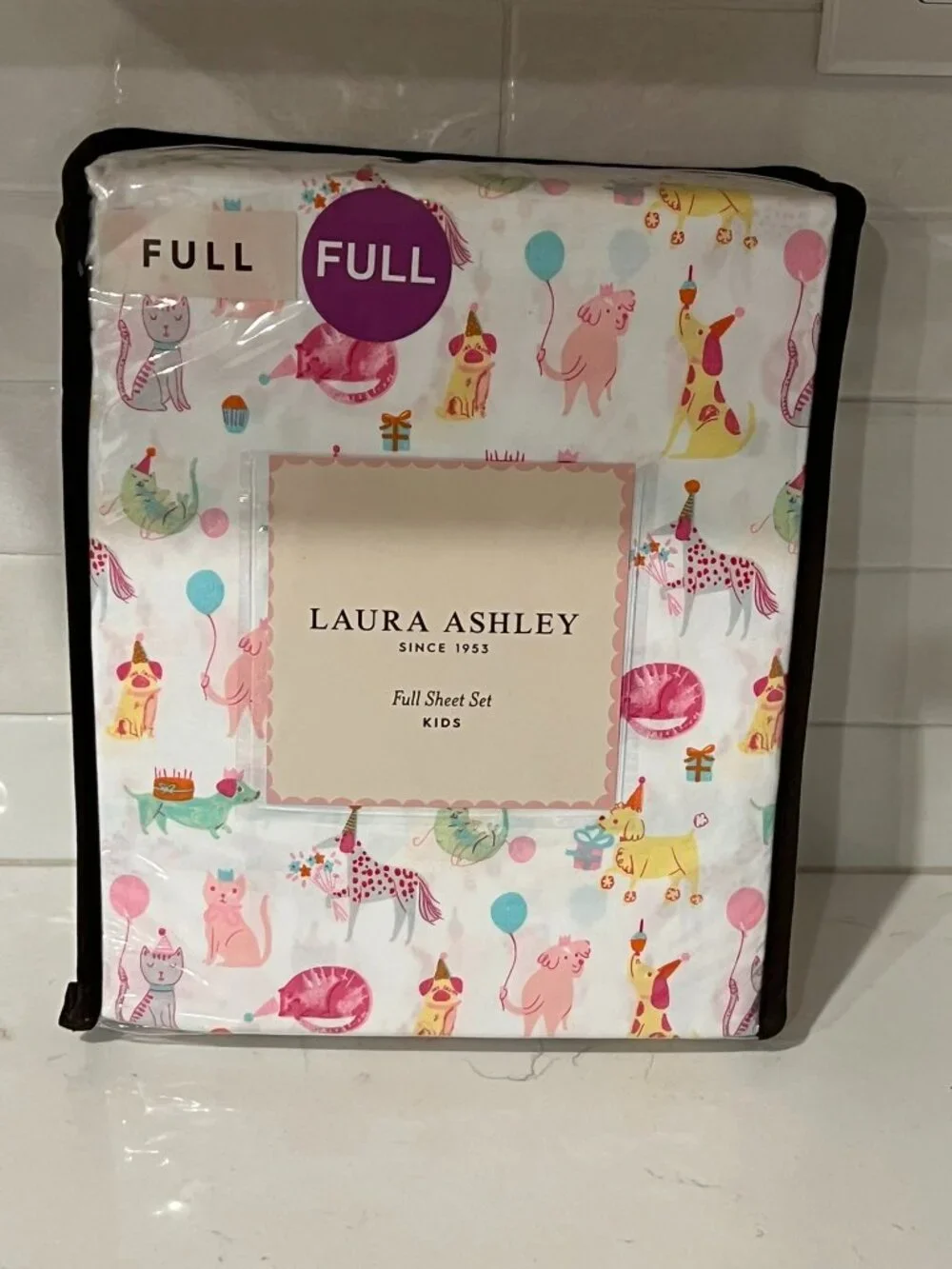LAURA ASHLEY KIDS FULL White PARTY ANIMALS Sheet Set 4pc Dog Cat Pug Dachshund